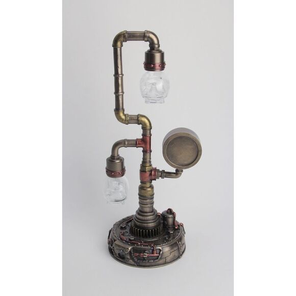 Steampunk Pipework Clock Stand Cordless LED Skull Bulb Copper Accent Desk Light - Picture 4 of 4
